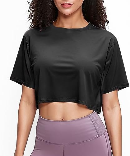 ANAYSN Women’s Workout Crop Tops Short Sleeve Loose Fit Yoga Gym Tops Casual Athletic Running T Shirts