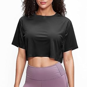 ANAYSN Women’s Workout Crop Tops Short Sleeve Loose Fit Yoga Gym Tops Casual Athletic Running T Shirts(Black,L)