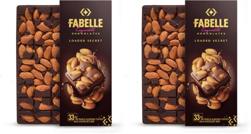 Image of Fabelle Loaded Secret, 33% Whole Visible Almonds in Luxury Dark Chocolate Bar, 115g (Pack of 2)