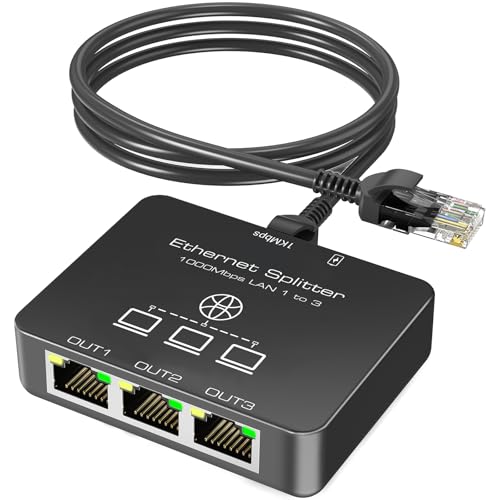 KiWiBiRD Rozdzielacz LAN 1 na 3 porty, splitter ethernet adapter 1000 Mbps RJ45 sieciowy Network Internet Gigabit do Cat 8 7 6 5e 5 kompatybilny z Router Gaming PC Computer Laptop PS5 PS4 Xbox TV Box