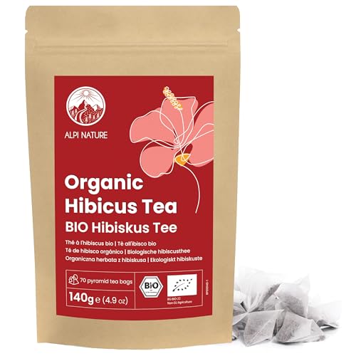 Té de Hibisco Orgánico de Alpi Nature, 70 Bolsitas Piramidales de Té Orgánico, 140g, 1 Paquete x 70 Bolsitas de 2g Cada Una, Flor de Hibisco Seca para Infusión de Hierbas