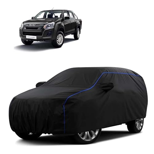 Image of Sulfar 100% Water Resistant Car Body Cover Compatible with Mirror for Isuzu Hi-Lander (Triple Stitched, Full Bottom Elastic, Black Tafetta with Blue Piping)