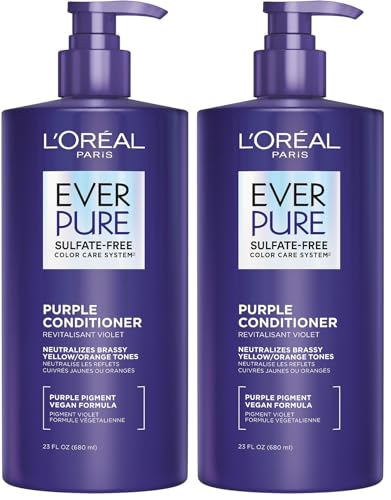 L’Oreal Paris Sulfate Free Brass Toning Purple Conditioner for Blonde,Bleached,Silver,or Brown Highlighted Hair,EverPure,23 Fl Oz (Packaging May Vary),(Pack of 2)