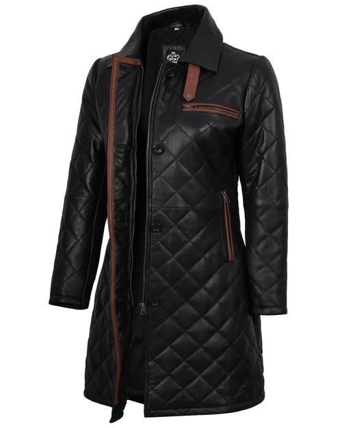 Quilted Real Lambskin Leather Car Coat 3/4 Length Jacket For Women