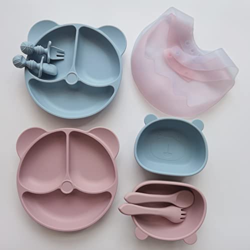 Toddler Silicone Plates and Bowls Set Baby Led Weaning Supplies, 2PCS Divided Suction Plates for Baby, Bowl, Bibs, Spoons, Silicone Baby Feeding Supplies, First Stage Solid Food Eating Utensils