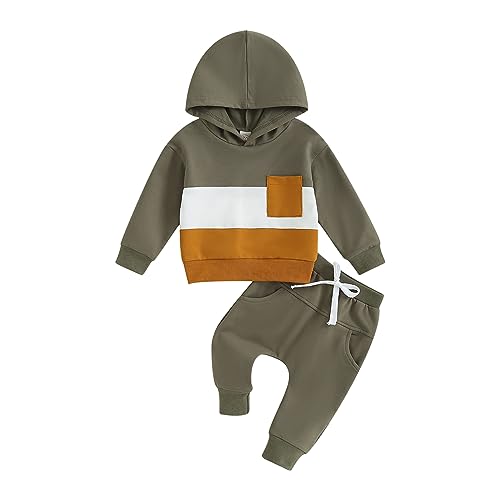 Image of Infant Baby Boys Pants Outfits Set Long Hooded Striped Sweatshirts Pants Clothes Set Fall Winter Pants Sweatsuit