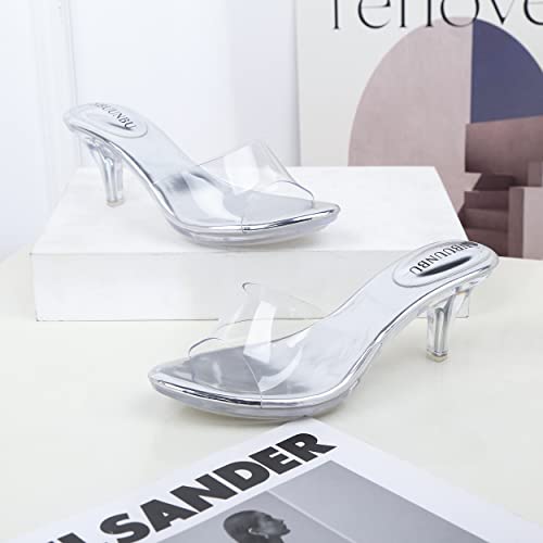 NBUUNBU Clear Heels for Women Silver Black Heels Little Platform Sexy High Heels Sandals Stiletto Kitten Open Toe Dress Shoes Comfortable Double Transparent Strap Heeled Sandals Mule3