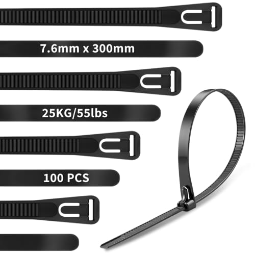 Image of Reusable Cable Ties 100PCS, 300mm×7.6mm Heavy Duty Cable Ties Black