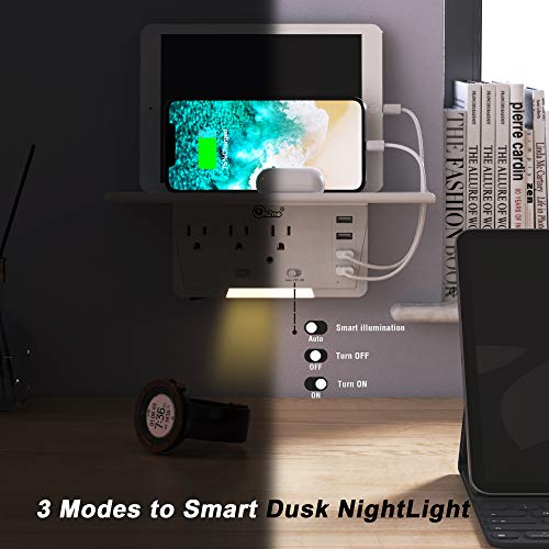 Socket Outlet Shelf, ON2NO Surge Protector Wall Outlet, 3AC Outlet and 4 USB Charging Ports, Electric Outlet Extender with Built-in Shelf and Smart Night Light to Create Charging Station in Home - Thumbnail 3