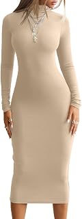 BEAGIMEG Women's Bodycon Long Sleeve Mock Neckline Knit Ribbed Party Club Midi Dress