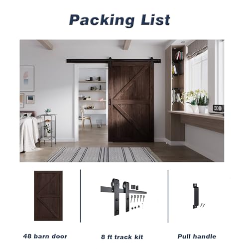 Image of FREDBECK 48x80 Brown Barn Door with 8ft (96inch) Hardware Track Kit and Handle Included,Double Surfaces,Simple Assembly is Required,K-Frame,Coffee