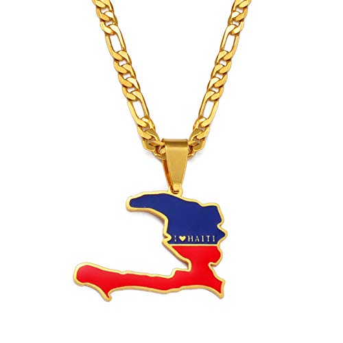 Stylish-Art Haïti Carte Pendentif Colliers - Motif Ethnique Drapeau Région Haïti Cartes Chandail Chaîne Charme Hip Hop Bijoux À La Mode pour Femmes Hommes Clavicule Chaîne Colliers,Or,45cm