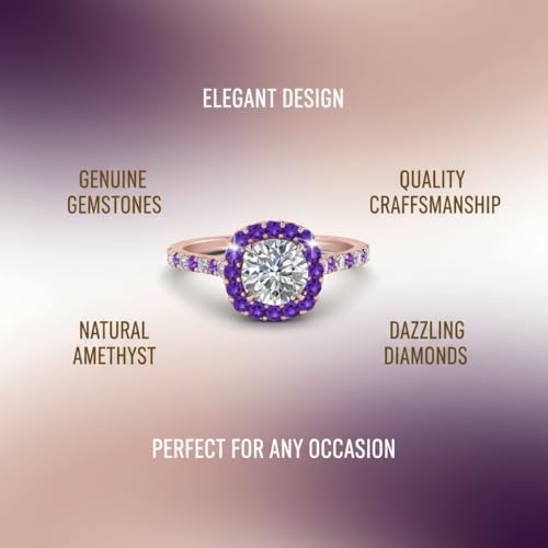 Image of Choose Your Gemstone Round Diamond CZ Square Halo Ring Rose Gold Plated Round Shape Petite Engagement Rings Matching Jewelry Wedding Jewelry Easy to Wear Gifts US Size 4 to 12