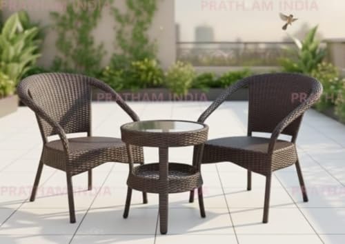 Image of India Garden Patio Seating Chair and Table Set Outdoor Balcony Garden Coffee Table Set Furniture with Table and Chairs Set (Brown with Tripod Table 2+1)