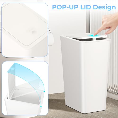 Image of 4 Gallon Bathroom Small Trash Can with Lid, 15L Slim Garbage Bin Wastebasket with Pop-Up Lid for Bedroom, Office, Kitchen, Dorm, Fits Under Desk