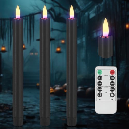 Image of Black Flameless Taper Candles with Remote, 9.6 inch Halloween Battery Operated Candles 3D Wick, 3 Pack Real Wax Led Candlesticks Flickering Electric Candle for Halloween, Home, Party Decor