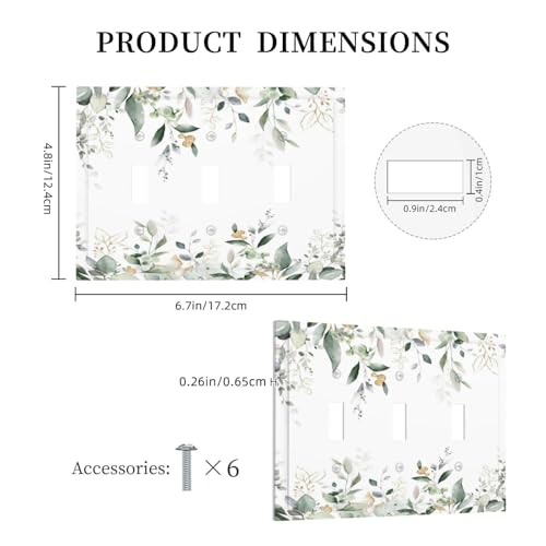 Decorative Switch Plate Covers Rustic Ink Green Eucalyptus Leaves Sage leaf 3 Gang Light Switch Cover Plate Triple Toggle Wall Plate Light Switch Covers for Country Bedroom Home Decor