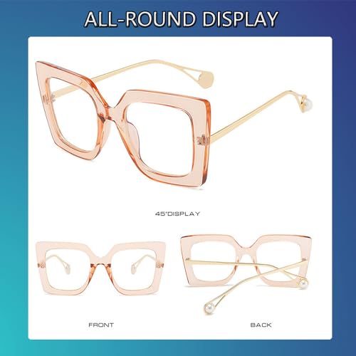 Image of Oversized Square Blue Light Blocking Glasses for Women Thick Fashion Pearl Inlay Arm Eyewear Computer Eyeglasses