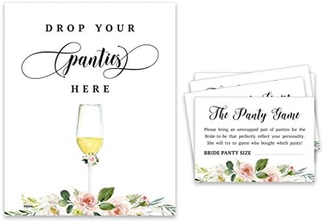 Inkdotpot Girls Night Out Bachelorette Party Panty Game Floral Brunch & Bubbly Bridal Shower Game 1 Sign + 30 Size Cards White