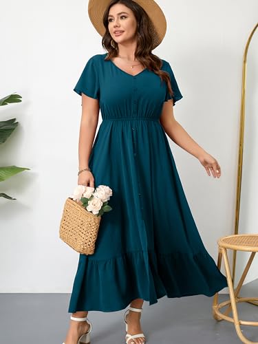 Image of RWJ Women Plus Size Maxi Dress V Neck Short Sleeve Button Trim Split Flowy Tiered Casual Long Dresses 2025 L-3XL