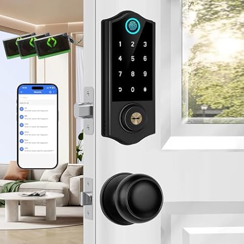 Harfo Fingerprint Smart Door Locks for Front Door with Handle Set, App Control, Keyless Entry Door Lock Keypad Deadbolt, Bluetooth Digital Electronic Touchscreen, Easy Install, Auto Lock, Black Cover