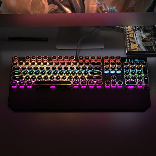 Camiysn Typewriter Style Mechanical Gaming Keyboard, Black Retro Punk Gaming Keyboard with RGB Backlit, 104 Keys Blue Switch Wired Cute Keyboard, Round Keycaps for Windows/Mac/PC
