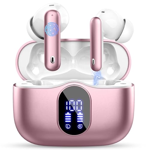 Wireless Earbuds, Bluetooth 5.4 Headphones In Ear with 4 ENC Mic, Ear Buds Noise Cancelling 3D Bass Stereo, Bluetooth Earbuds 36H Playtime, Earphones IP7 Waterproof, Customization via App, Rose Gold