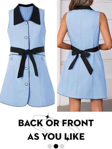 Wenrine Womens Button Down Work Dress Casual Self Tie Lapel Neck Sleeveless Business Blazer Mini Dresses2
