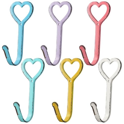 Otoolling 6 Pack Decorative Wall Hooks Valentine's Day Colorful Heart Shaped Hooks Heavy Duty Coat Cast Iron Rustic Vintage for Kitchen Bathroom Hanging Coats Scarf Cap Bag Towel Key Cup Hat