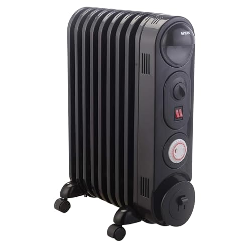 MYLEK Oil Filled Radiator Heater Electric, Portable 2KW Black, Thermostat and 24hr Repeat Timer, 3 Heat Settings, Unique Safe Panel Fin Design (2000W Black)