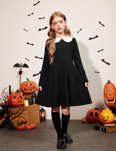 Arshiner Girls Long Sleeve Dress Casual Vintage Peter Pan Collar Swing Party Dress Black 5-6 Years thumb #1