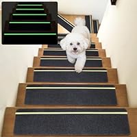 DEKEones 15 Stück Treppenmatten mit Glow in Dark Streifen, 76x20cm Treppenmatten Selbstklebend für Holztreppen, 100% Polyester TPE Rückseite Treppenteppich für Kinder, Ältere und Haustiere（schwarz）