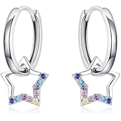 Pendientes Aros Agatha Paris Qings Pendientes aro con Colgante de Estrell, Plata de Ley 925 Estrella Dangle Pendientes con Circonita cúbica colorida hipoalergénico Huggie Pendientes para Mujeres Niñas Adolescentes