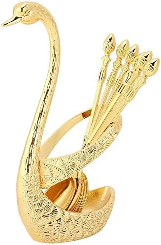 Soporte base de cisne, juego de 6 cucharas de café, cuchara de postre creativa de lámina dorada, cuchara de café, cuchara para agitar, cuchara de té