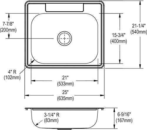 Image of Dayton D125211 Single Bowl Top Mount Stainless Steel Sink, 25 x 21