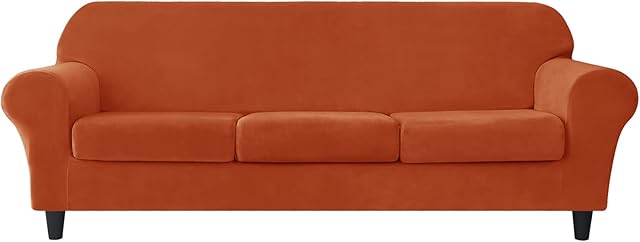 SYLC 4 Pieces Sofa Slipcover Stretch Velvet, Sofa Cover 3 Seater with 3 Separate Seat Cushion Covers, Couch Furniture Protector Collection Split Set (Orange)