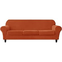 SYLC 4 Pieces Sofa Slipcover Stretch Velvet, Sofa Cover 3 Seater with 3 Separate Seat Cushion Covers, Couch Furniture Protector Collection Split Set Orange