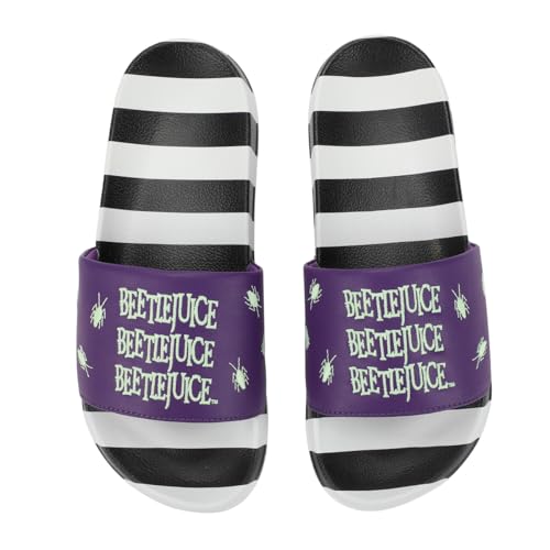 Bioworld Beetlejuice Repeat Movie Title Men's Black & White Striped Slide Sandals2
