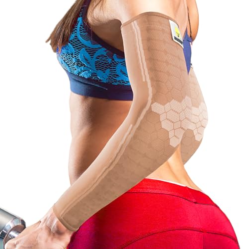 Sparthos Arm Compression Sleeve - Arms Brace for Recovery Support for Athletic Sports Tattoo Bicep Sun Cover Uv Protection Warmer Elbow Tendonitis It Band Copper - Mens and Womens (Beige-S)