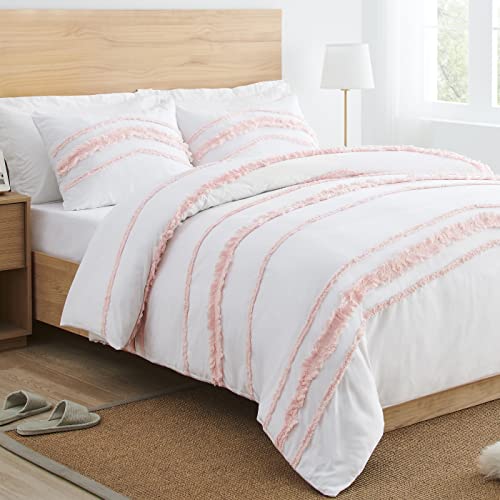 Image of Bohemian Boho Chic White and Pink Macrame Tufted Tassel 2 pc. Twin / Twin XL Size Bed Bedding Set Duvet Comforter Cover / Sham Blush Pink Textured Minimalist Cotton Fringe Farmhouse Indie Dorm Teen