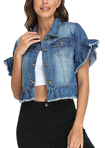 MISS MOLY Women's Denim Jacket Ruffle Sleeve Button Down Distressed Summer Cropped Jean Jackets