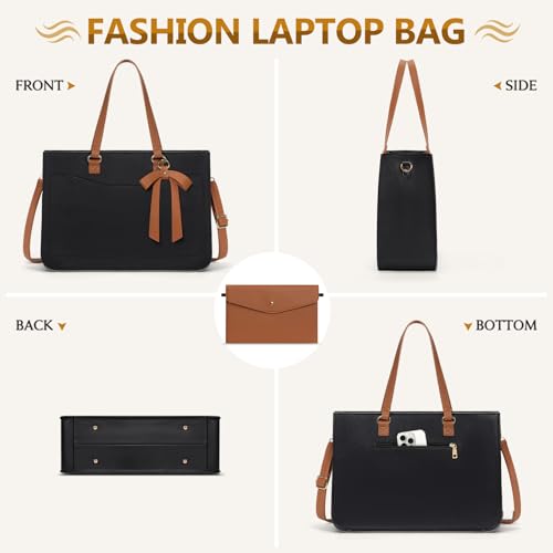 RAINSMORE Laptop Bag for Women 15.6 Inch Work Tote Bags Leather Laptop Tote Waterproof Computer Bag Professional Office Briefcase Large Handbag for College Teacher Travel,Black and Brown by RAINSMORE - Image 8
