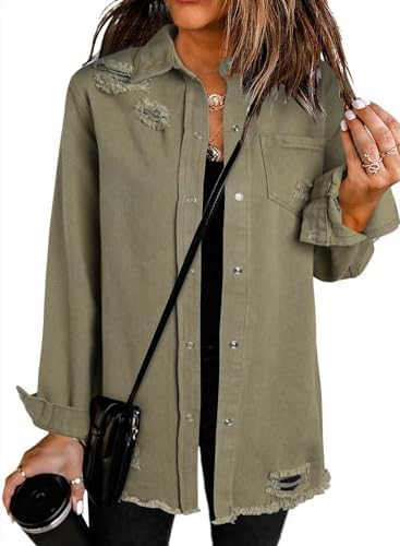 Dokotoo Womens Button Down Oversized Distressed Boyfriend Jean Jacket