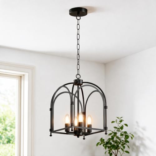 Image of Phaosio 4-Light Black Chandelier, Farmhouse Lantern Chandelier