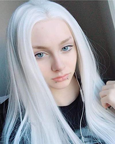 ATAYOU® Peluca Larga Lace Front Blanco - Largo Recto Natural Blanco Sintético Peluca De Encaje Frontal Para Mujer Vestido De Lujo Con 1 Gorra De Peluca Gratis