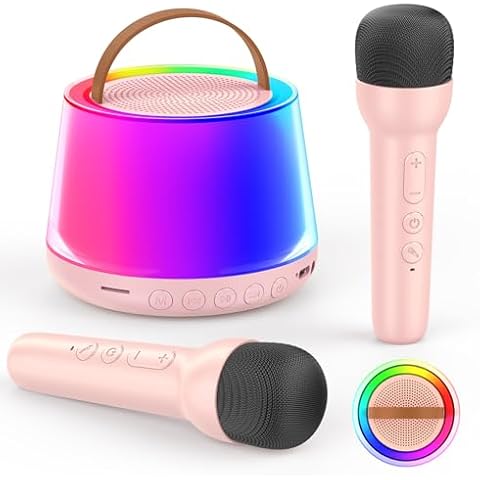 Mini Karaoke Machine for Kids, Portable Bluetooth Speaker with 2 Wireless Microphones and Led Light, Birthday Gifts for 4 5 6 7 8 9 10 11 12 Year Old Girl, Kid Karaoke Machine Toys, Pink Cover
