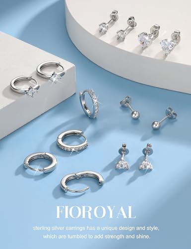 FIOROYAL 7 Pairs 925 Sterling Silver Stud Post Earrings Set for Women Girls,Hypoallergenic Small Stud Hoop Earring,Multiple Piercing Cartilage Earrings Stack Dainty Ball Heart Studs Cubic Zirconia E - Image 5