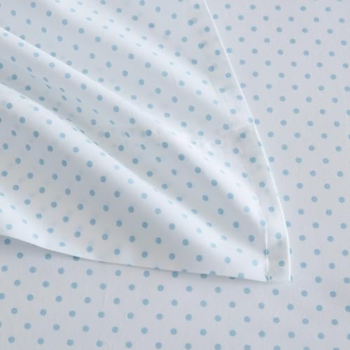 Image of Martha Stewart - Twin XL Size Sheet Set, Breathable Cotton Percale Bedding with Matching Pillowcase, Fully Elastic Fitted Sheet, Deep Pocket, Crisp & Cooling All-Season Comfort (Polka Dot Blue)