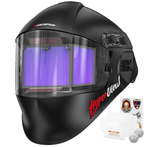 Image of ARCCAPTAIN Auto Darkening Welding Helmet with Panoramic Side View, 6.22" x 2.8" Extra-Large Viewing Screen, 1/1/1/1 True Color Welding Hood, 4 Arc Sensors, Shade 3/4-8/9-13 for TIG/MIG/ARC/Cut/Grind