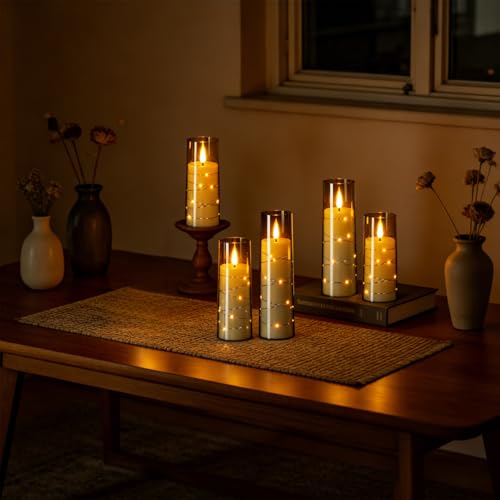 Image of Rechargeable Flameless Flickering Candles String Lights Battery Operated with Remote and Timer Plastic Glass 3D Wick LED Pillar Candle Dinner Christmas Holiday Decor(2.3 inchD x 5 inch, 6 inch, 7 inch, 8 inchH)